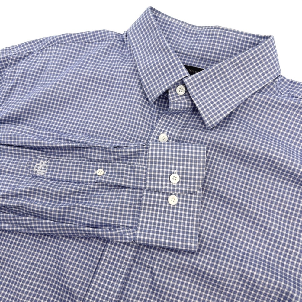 Banana Republic Shirt Mens 2XLT Tall Blue Gingham Plaid Slim Fit Embroidered